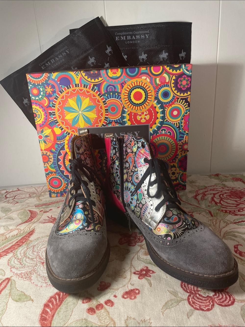 Embassy London "Hatter" Floral Paisley Leather Brogue Ankle Boots Multicolor